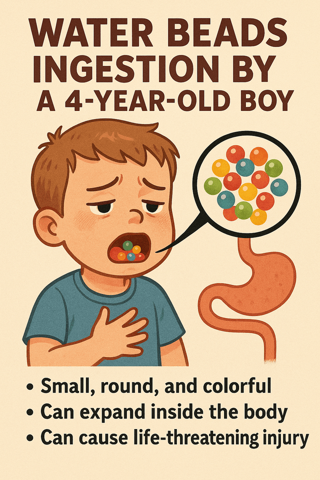 Illustration of a 4-year-old boy who ingested water beads, showing colorful beads in his mouth and stomach, with warning text about the dangers of water bead ingestion in children