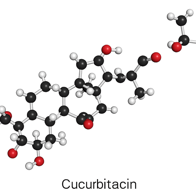 3D molecular structure of cucurbitacin, a highly oxygenated tetracyclic triterpenoid compound found in cucurbitaceae plants such as zucchini, cucumber, and gourds. The image shows a ball-and-stick model with carbon atoms in black, hydrogen in white, and oxygen in red, representing the bitter and toxic phytochemical responsible for cucurbitacin poisoning in humans when ingested in high concentrations