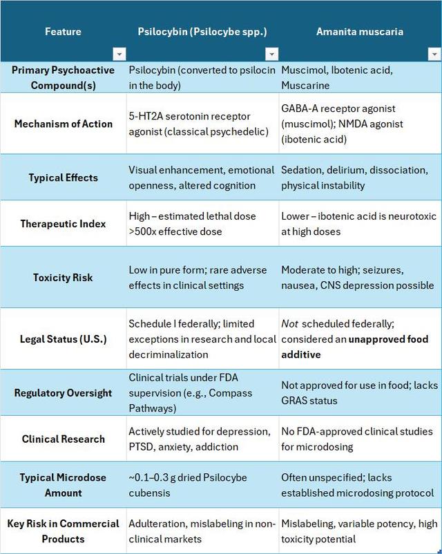 Comparison chart of psilocybin (Psilocybe spp.) vs. Amanita muscaria mushrooms highlighting differences in psychoactive compounds, mechanisms of action, toxicity risk, legal status in the U.S., FDA regulation, clinical research status, and microdosing safety concerns