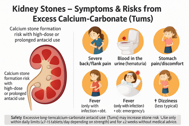 Educational infographic showing a kidney cross-section with stones, alongside icons of common kidney stone symptoms: severe back pain, blood in urine, nausea and vomiting, abdominal pain, fever (with infection/obstruction, emergency), and dizziness (less typical). Notes that long-term excessive calcium-carbonate antacid use such as Tums may increase kidney stone risk, highlighting safe dosage and duration limits
