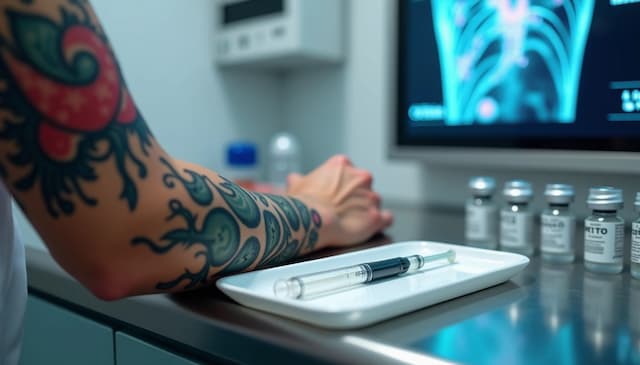 Tattooed patient arm in clinic resting beside vaccine syringe and vials, illustrating medical toxicology concerns about tattoo ink in lymph nodes and its potential impact on immune response and vaccine effectiveness.