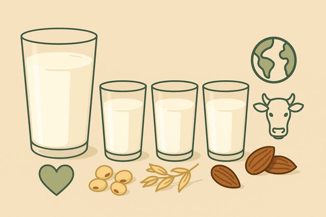 Illustration of cow’s milk, soy milk, oat milk and almond milk with heart, earth and cow icons, highlighting health and environmental impact of dairy vs plant-based milk.