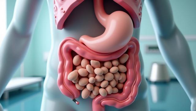 3D medical illustration of stomach and intestines with retained contents, showing delayed gastric emptying and bowel slowing linked to GLP-1 medication–associated gastroparesis