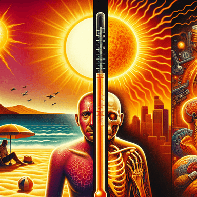 Illustration depicting the contrasting effects of sun poisoning and heat stroke. The image shows a thermometer dividing a beach scene with a sunburned person on the left and a skeletal figure on the right, symbolizing the severe dehydration and organ damage associated with heat stroke