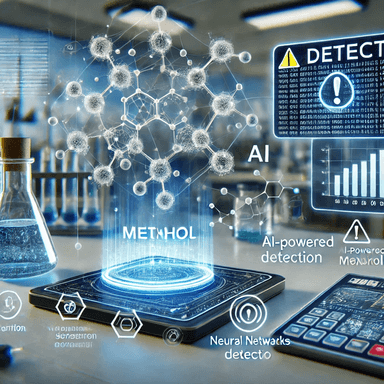 A visual representation of AI-powered methanol detection, featuring AI neural networks analyzing chemical data with methanol molecule structures. Sensors are connected to a digital device showing a warning alert, set in a laboratory environment with real-time detection displayed on a screen