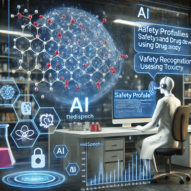 Futuristic medical laboratory using AI for drug toxicity prediction and safety profiling. Doctor communicates with Medspeech voice recognition tool while AI analyzes molecular structures, streamlining drug development in medical toxicology.