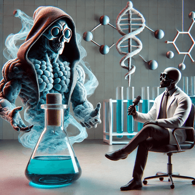 Imaginative depiction of an interview with Botulinum Toxin, represented as a sophisticated yet dangerous character, discussing its role as both a deadly toxin and a medical treatment.