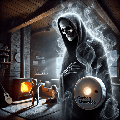 An artistic depiction of Carbon Monoxide as a shadowy, translucent figure in a family living room with a wood stove emitting faint smoke. A carbon monoxide detector on the wall flashes a warning light, symbolizing the invisible danger of CO exposure and emphasizing the importance of home safety and prevention.