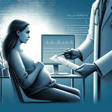 Distressed pregnant woman receiving drug test results from a doctor in a hospital room, highlighting false positives and system failures