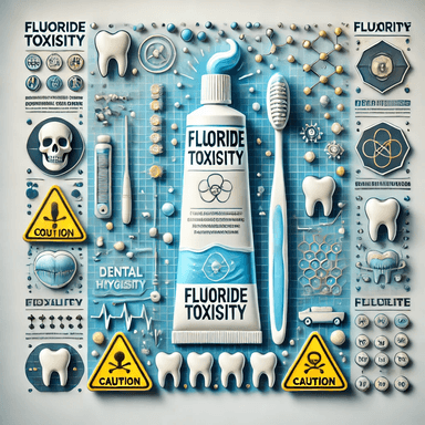 An educational graphic illustrating fluoride toxicity in modern dental care. A toothbrush and toothpaste labeled with fluoride are surrounded by caution symbols and health-related graphics like bones and teeth. The background transitions from blue to white, symbolizing dental hygiene, with yellow and red warning tones highlighting toxicity risks. The design integrates molecular structures and charts to emphasize the health complexities.