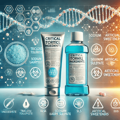 An educational graphic featuring a tube of toothpaste and a bottle of mouthwash with highlighted labels indicating harmful ingredients such as Triclosan, Sodium Lauryl Sulfate (SLS), and artificial sweeteners. The backdrop includes scientific icons like a DNA helix and caution symbols, emphasizing health risks associated with these substances. The color palette combines cool blues for the products with warning tones like orange and red to signify toxicity