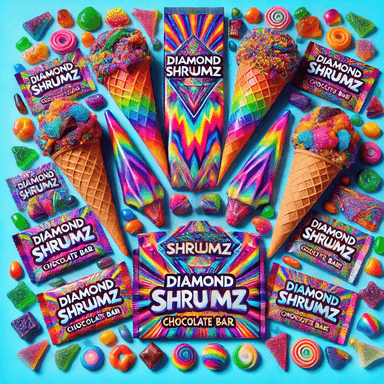 Colorful display of Diamond Shruumz™ chocolate bars, cones, and gummies featuring vibrant packaging with psychedelic designs. The arrangement highlights the playful and delicious appearance of the chocolate and candy treats, showcasing a variety of shapes, colors, and textures in an enticing manner