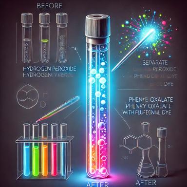 Scientific diagram showing the chemical reaction in a glow stick with a before-and-after view. The 'Before' section on the left depicts a glow stick with separate compartments containing hydrogen peroxide and a glass vial with phenyl oxalate ester and fluorescent dye. In the 'After' section on the right, the glow stick is bent, breaking the glass vial and mixing the chemicals to produce a bright glow. Labels identify each component, including 'Hydrogen Peroxide,' 'Phenyl Oxalate Ester,' and 'Fluorescent Dye.' The dark background highlights the glowing effect for educational purposes