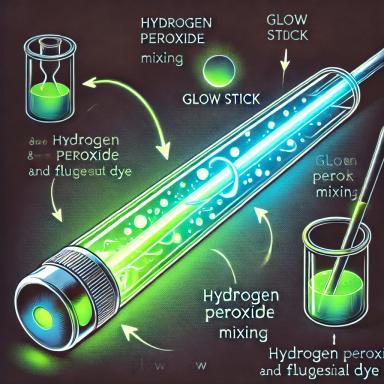 Detailed illustration of the chemical reaction inside a glow stick, showing the internal components including hydrogen peroxide and fluorescent dye. Image highlights the process of mixing chemicals as the glow stick bends, releasing energy as a vibrant green and blue glow. Educational image for understanding glow stick safety and chemistry