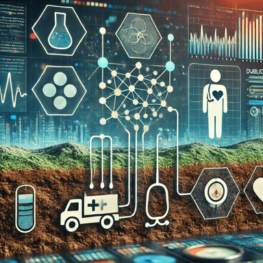 A visual representation of machine learning models analyzing soil acidity for public health, featuring soil layers connected to AI algorithms with data flowing towards health symbols like a stethoscope and medical cross, showing the relationship between soil pH data and its impact on public health