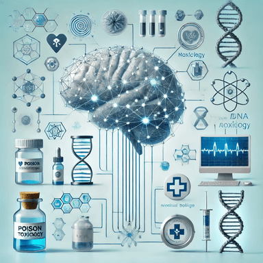 A visual representation of a neural network applied to medical toxicology, featuring a brain connected to toxicology symbols like poison bottles, DNA helix, and medical devices. The neural network processes data for advanced poisoning care in a high-tech clinical environment.