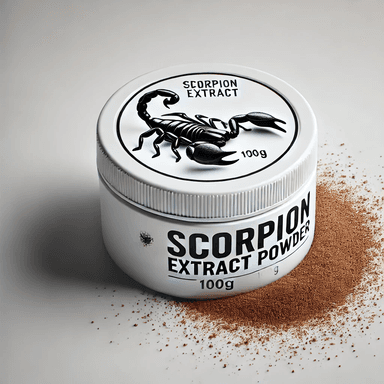 A realistic depiction of a white container labeled "Scorpion Extract Powder, 100g" with a detailed illustration of a black scorpion on the lid. Surrounding the container is scattered brown powder, resembling dried extract, set against a clean white background to emphasize the product's niche and unique nature