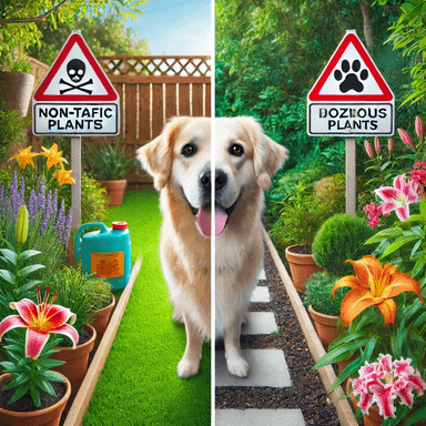 Split image of a safe dog-friendly garden and a hazardous garden with toxic plants and chemicals