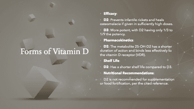 Slide comparing Vitamin D2 and D3 with key points on efficacy, pharmacokinetics, shelf life, and nutritional recommendations. Highlights include D2's lower potency (1/3 to 1/9 of D3), shorter shelf life, and limited binding to vitamin D receptors, alongside the recommendation against using D2 for supplementation. Designed with a modern, professional aesthetic featuring a light brown background, floating 3D cubes, and subtle connecting lines.