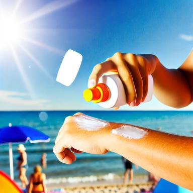 A beachgoer applying sunscreen under the bright sun, demonstrating the importance of sunscreen in preventing sun poisoning