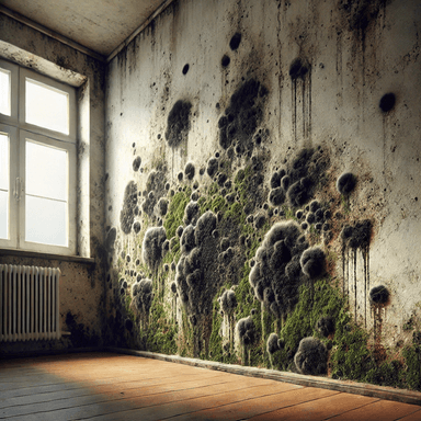 Realistic image of black mold growing on a damp wall caused by poor ventilation, with visible moisture damage and large patches of black and green mold. The image highlights the health risks and the need for moisture control and proper ventilation