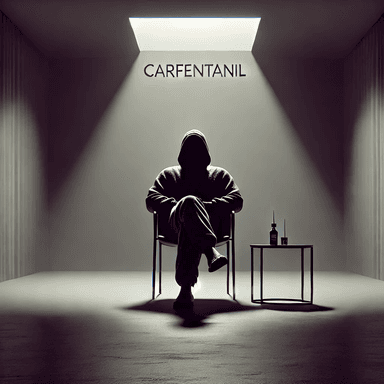 An artistic representation of Carfentanil as a mysterious, shadowy figure seated in an interview setting. The figure has a dark and imposing presence, The scene conveys the concept of Carfentanil as a metaphorical antagonist, addressing questions about its origins, misuse, and the opioid crisis. The setting is stark and minimalistic, emphasizing the seriousness of the conversation and the critical public health challenges it represents