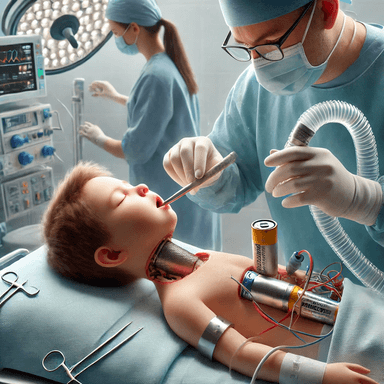 Realistic image of a child undergoing a medical procedure to remove a battery from their esophagus, with a doctor in surgical attire carefully performing the extraction in a sterile hospital setting. The scene highlights the urgency and precision of the battery removal process