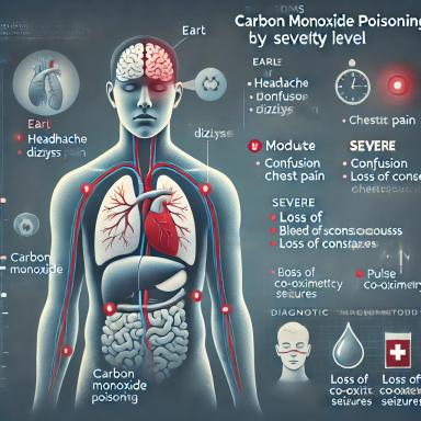 Medical infographic illustrating symptoms of carbon monoxide (CO) poisoning by severity. A human figure shows symptom locations with labels for early symptoms (headache, dizziness), moderate symptoms (confusion, chest pain), and severe symptoms (loss of consciousness, seizures). A sidebar displays diagnostic methods like blood testing and pulse CO-oximetry, using a clinical color scheme with blue and red