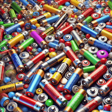 Colorful assortment of AA, AAA, button, and lithium-ion batteries scattered together, showcasing various sizes and shapes, including cylindrical and round batteries with vibrant colors like red, blue, silver, and green. Ideal for highlighting different battery types and uses