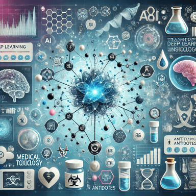 AI transforming medical toxicology with deep learning insights, featuring a neural network analyzing toxicology data with medical symbols, molecular structures, antidotes, and digital health analysis tools in a futuristic setting