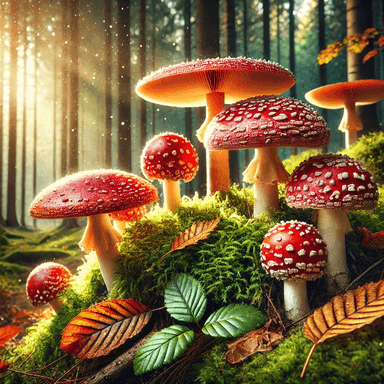 A vibrant forest scene featuring Amanita muscaria mushrooms with bright red caps and white spots, growing among green moss and fallen leaves. Sunlight filters through the trees, illuminating the mushrooms and enhancing the natural beauty of the forest