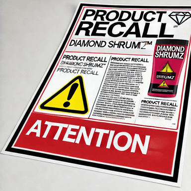 Diamond Shruumz™ product recall notice featuring bold 'Product Recall' text, a warning symbol, and product packaging, emphasizing safety concerns and urgent attention regarding the recall.