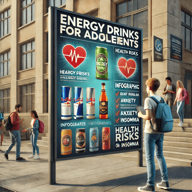 Public awareness campaign on energy drink risks for adolescents displayed on a billboard in a school environment. The campaign highlights the health dangers of energy drink consumption, including heart problems, anxiety, and insomnia, through infographics and images. Students and parents are shown engaging with the campaign to raise awareness about the negative effects of energy drinks on teenage health