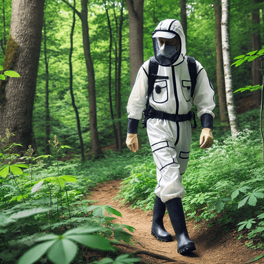  A hiker wearing protective clothing, including long sleeves and pants, in a wooded area to prevent contact with poison ivy and avoid skin irritation