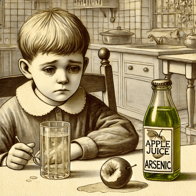 A sad child sitting at a table with a glass of apple juice labeled 'Arsenic,' highlighting the dangers of arsenic contamination in apple juice. The image symbolizes concerns over food safety and toxic substances in everyday products.