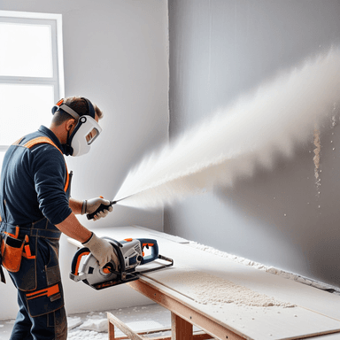 Construction worker cutting plasterboard with a circular saw while wearing protective mask and goggles to prevent inhalation of dust and harmful particles