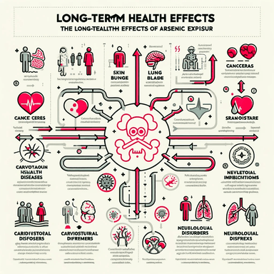 Infographic detailing the long-term health effects of arsenic exposure, such as cancer, cardiovascular diseases, and neurological disorders