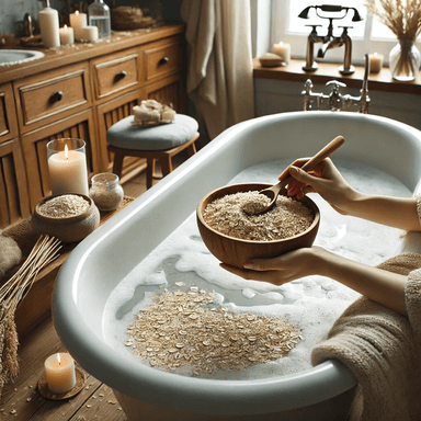 A calming oatmeal bath in a peaceful bathroom, with oatmeal mixed into the water to offer natural relief for poison ivy symptoms. The slightly cloudy water showcases the oatmeal’s soothing properties, which help reduce skin irritation and inflammation caused by poison ivy exposure.