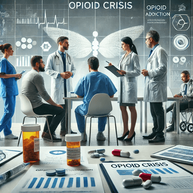 A healthcare team collaborating in a hospital setting to tackle the opioid crisis. Doctors, nurses, and medical staff are discussing treatment strategies, recovery programs, and solutions for opioid addiction. Medical charts, data, and opioid-related supplies are visible, highlighting the serious nature of the opioid epidemic and the focus on patient care and recovery