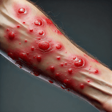  A close-up of an arm with a realistic poison ivy rash, showcasing red, inflamed skin, blistering, and bumps. The rash symptoms emphasize the itching and irritation caused by exposure to poison ivy, commonly seen in cases of contact dermatitis