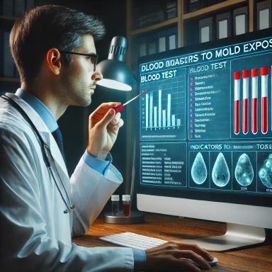 Doctor analyzing mold exposure test results on a computer screen, reviewing blood markers and health indicators for toxicity. The scene highlights medical evaluation and diagnosis of mold-related health issues in a clinical setting