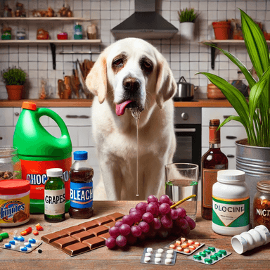 A dog in a home setting surrounded by potential toxic items for dogs, including a chocolate bar, grapes, a houseplant, a bleach bottle, medications, and a nicotine product. The dog shows signs of poisoning, appearing lethargic and drooling, emphasizing the dangers common household substances pose to pets