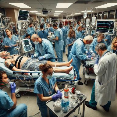 Healthcare professionals in a busy emergency room treating fentanyl overdose patients with life-saving equipment and urgent care.