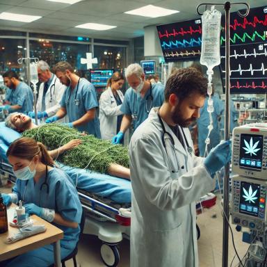 Emergency room scene with medical professionals treating patients affected by synthetic cannabinoid overdoses, illustrating the growing health threat