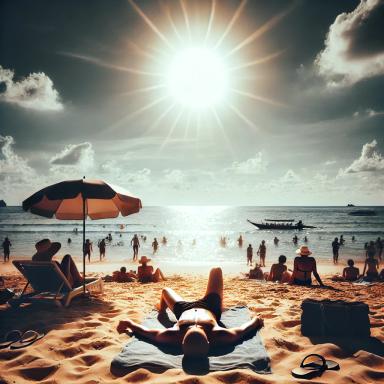 A beach scene showing a person under the bright sun without adequate protection, highlighting the risks of excessive sun exposure.