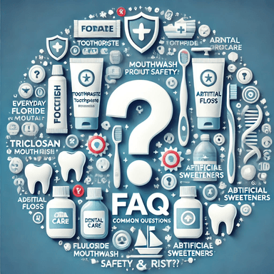 A FAQ-themed illustration on oral care product safety, featuring a large central question mark surrounded by toothpaste, mouthwash, and dental floss with labels addressing concerns about fluoride, triclosan, and artificial sweeteners. The background has a clean blue and white gradient with icons like shields and warning signs symbolizing safety and risks