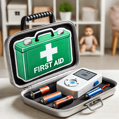 A first aid kit next to a childproofed electronic device, symbolizing preparedness and safety measures to prevent battery ingestion incidents in children.