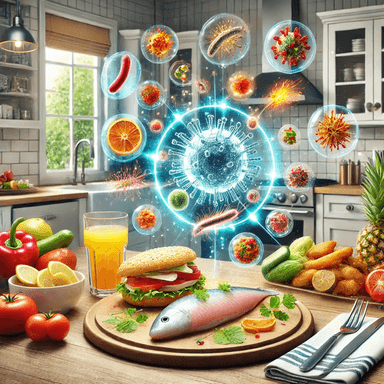 A detailed educational illustration of foodborne illnesses, featuring a kitchen table with raw chicken, fish, fresh vegetables, and a glass of juice, some items visibly contaminated with glowing toxic bacteria. Microscopic pathogens, such as E. coli and salmonella, are magnified above certain foods for clarity. The background depicts a clean, modern kitchen, emphasizing the importance of food hygiene and safety