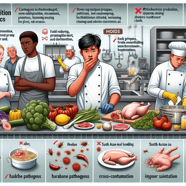 Educational illustration showing how pathogens, toxins, and improper handling can contaminate food