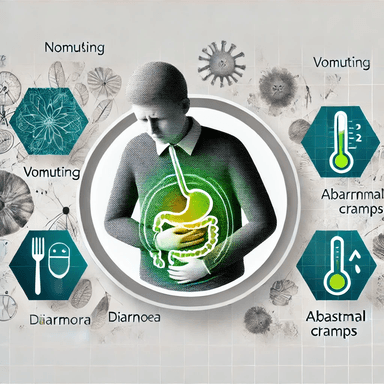 llustration of a person experiencing gastrointestinal symptoms like nausea, vomiting, diarrhea, and abdominal cramps, shown with visual aids such as a glowing digestive tract and icons representing related symptoms like fever and microbial infections